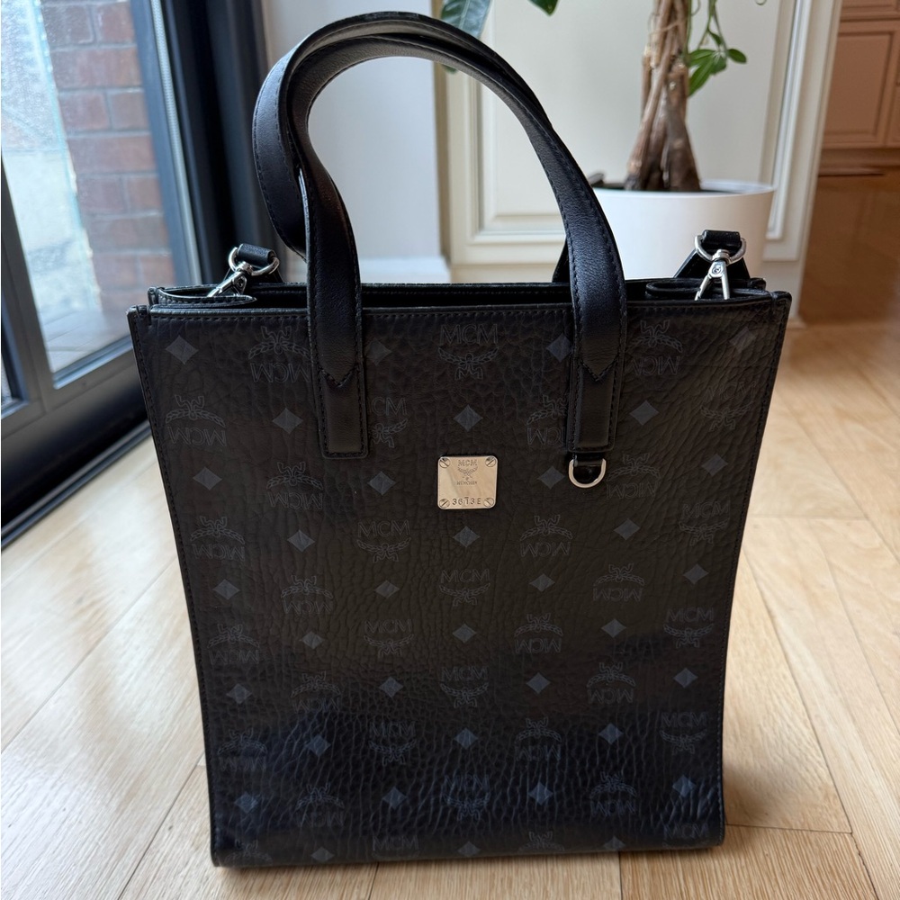 MCM Black Monogram Leather Briefcase Tote with Silver Plaque